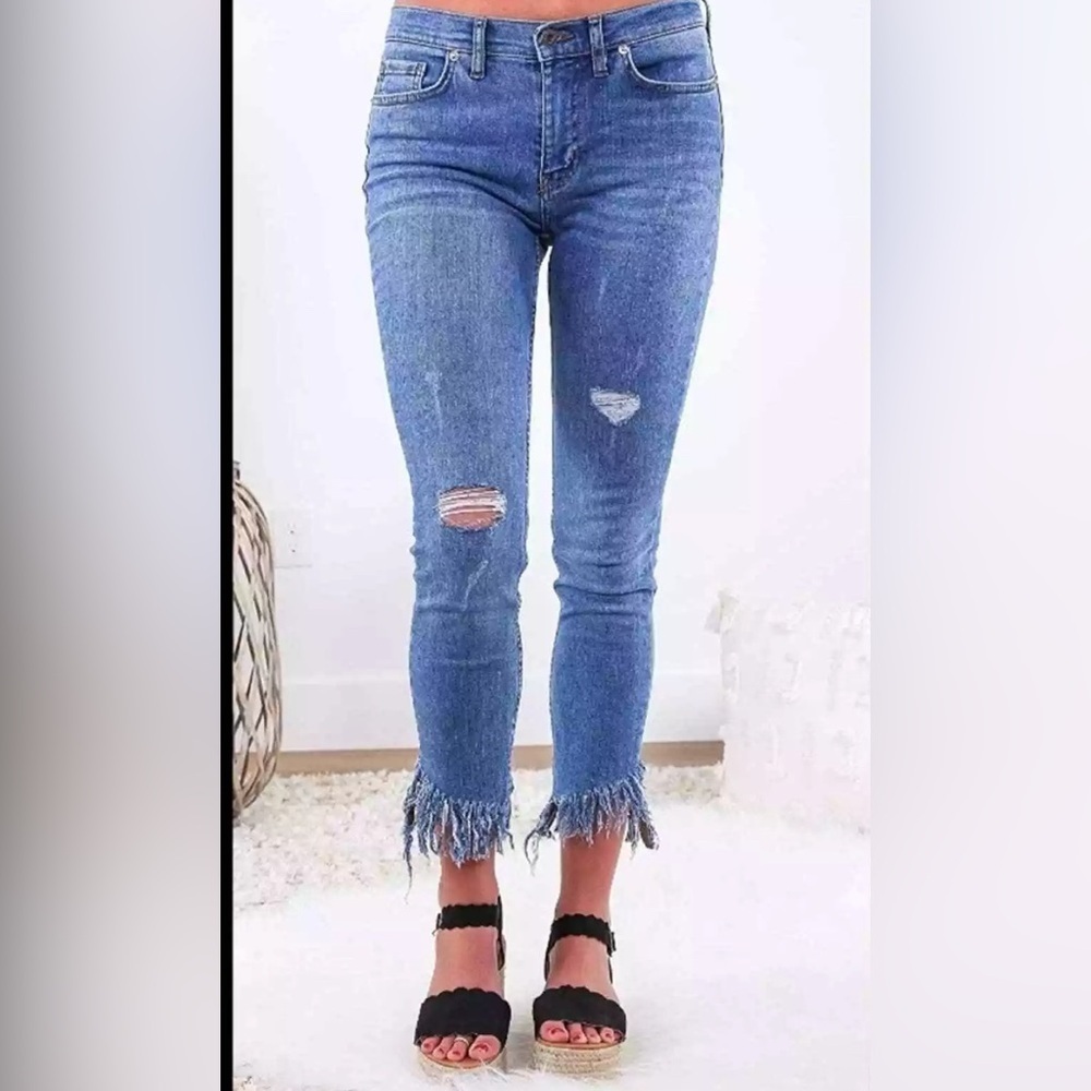 Free People Great Heights Frayed Distressed Light Wash Skinny Jean 30 EUC
